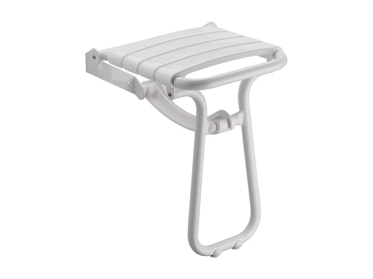 Siège de douche PMR PELLET Essentiel confort escamotable avec pied aluminium époxy blanc lattes blanches