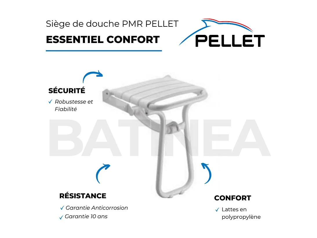 Siège de douche PMR PELLET Essentiel confort escamotable avec pied aluminium époxy blanc lattes blanches