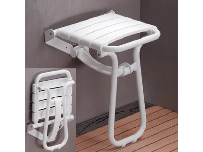 Siège de douche PMR PELLET Essentiel confort escamotable avec pied aluminium époxy blanc lattes blanches