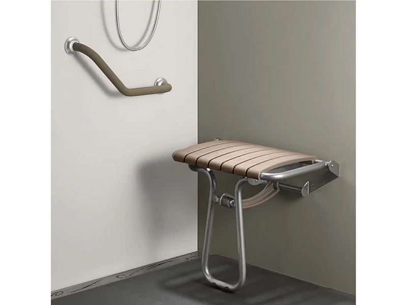 Siège de douche PMR PELLET Essentiel confort escamotable avec pied aluminium époxy gris lattes taupe