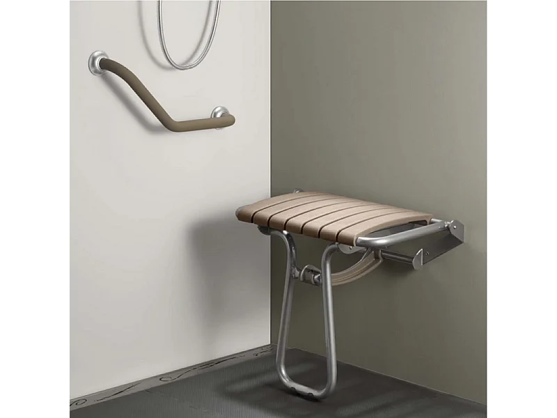 Siège de douche PMR PELLET Essentiel confort escamotable avec pied aluminium époxy gris lattes taupe