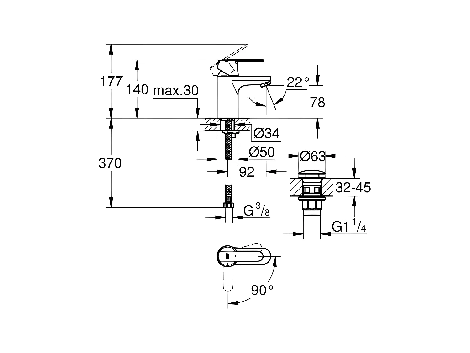 Einhand-Waschtischbatterie GROHE - Größe S Weiß