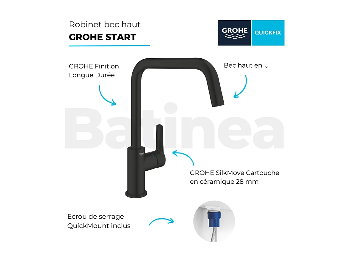Robinet de cuisine GROHE Start bec haut noir mat