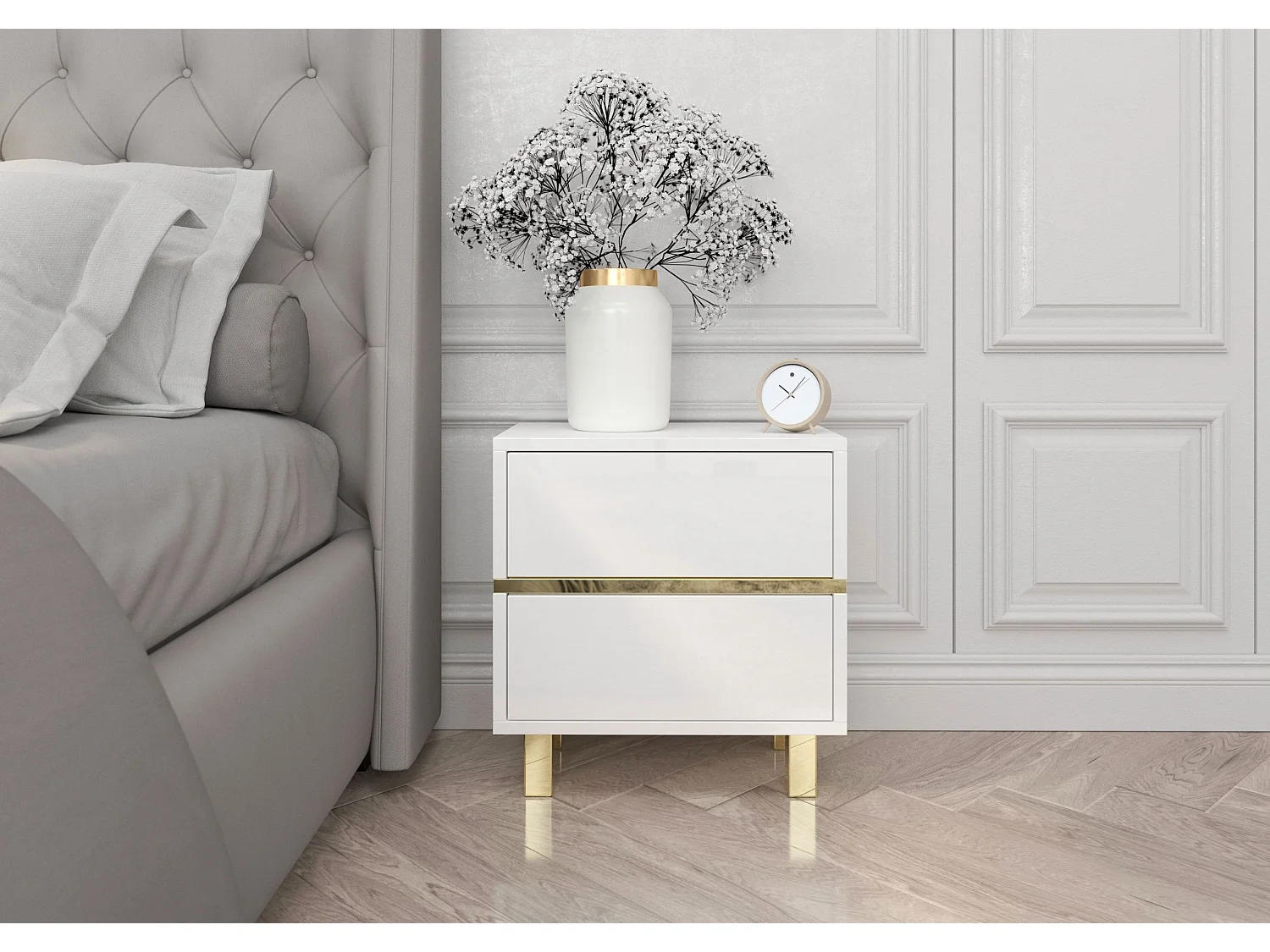 Biała Szafka Nocna Magica ze złotymi dodatkami / szer. 49 cm