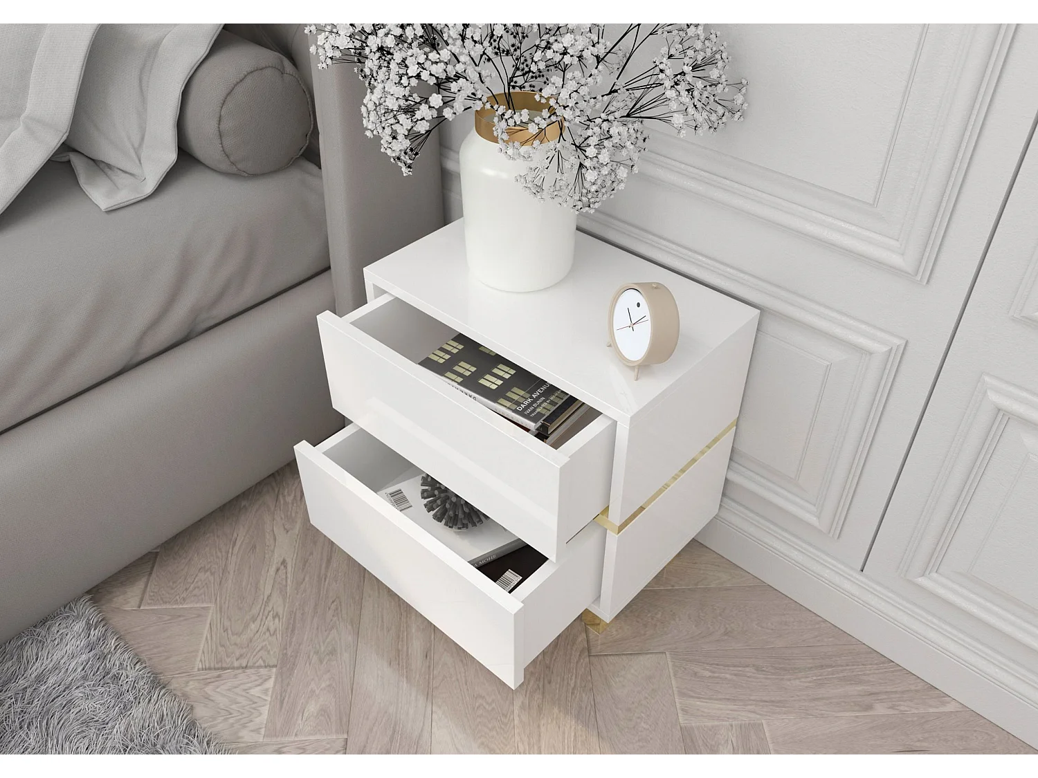 Biała Szafka Nocna Magica ze złotymi dodatkami / szer. 49 cm