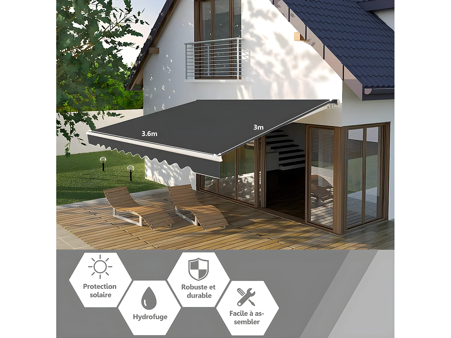 Store Banne de Balcon Rétractable avec Tissu et velours Résistant aux UV et à l'eau, Cadre en Aluminium Angle Réglable 5-35° ,3,6 x 3 m