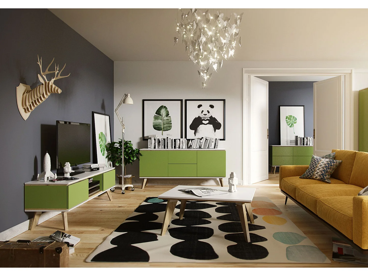 Meuble TV vert JORGEN sur pieds en chêne avec deux tiroirs