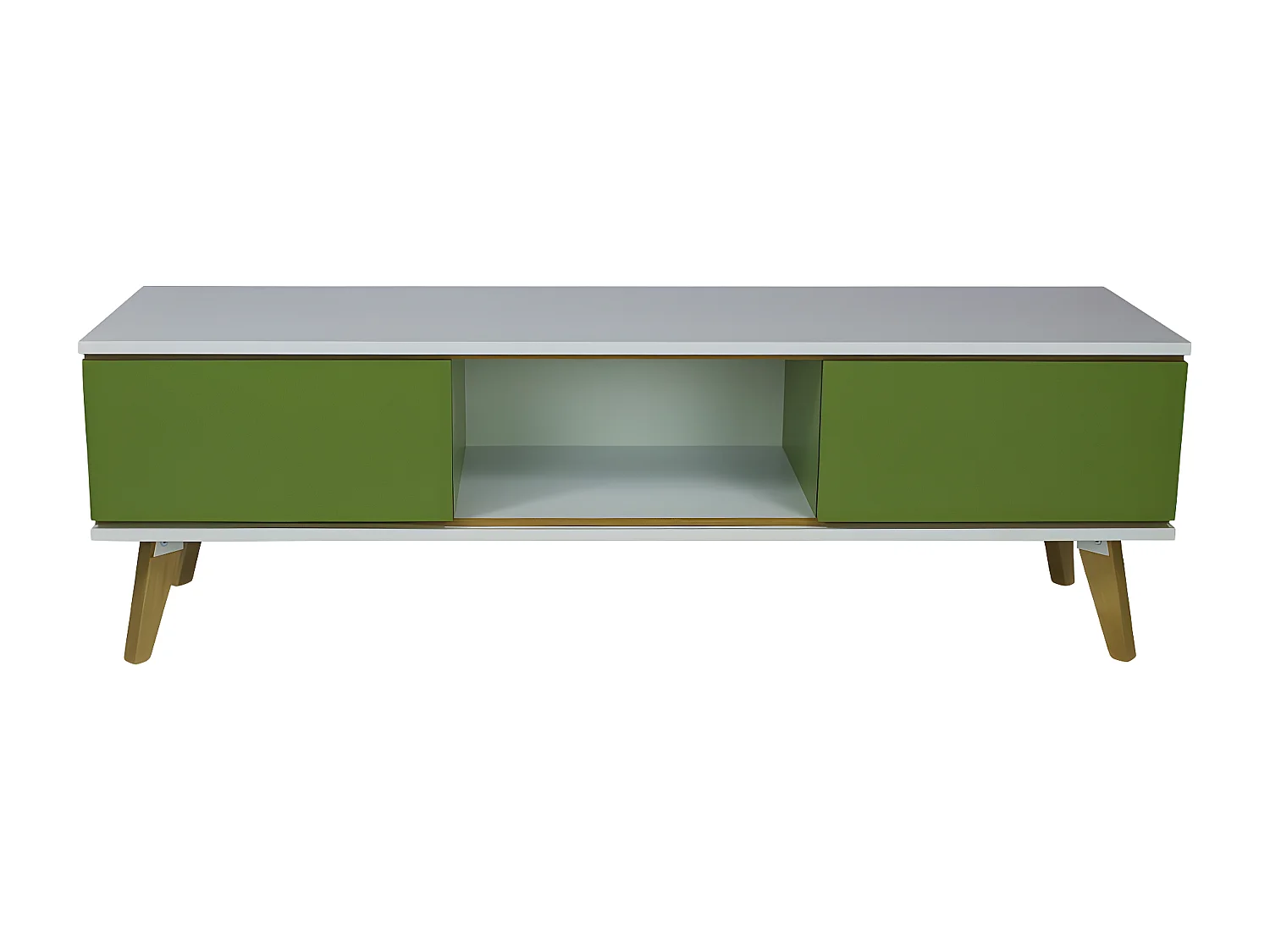 Meuble TV vert JORGEN sur pieds en chêne avec deux tiroirs