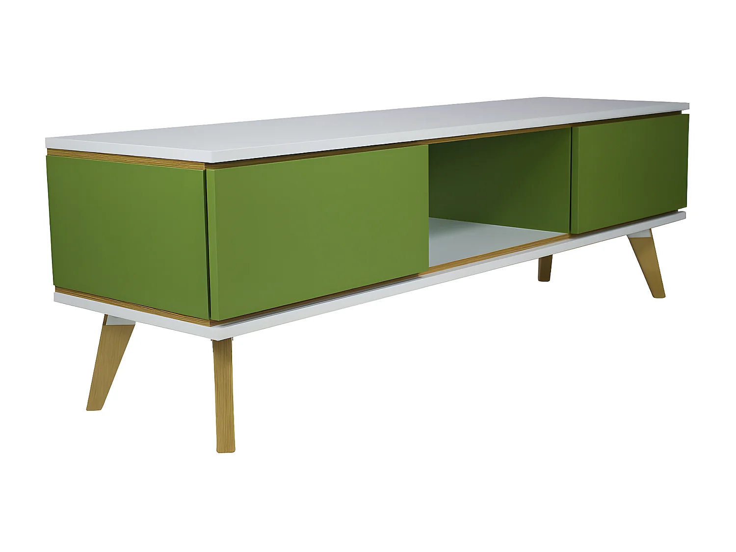 Meuble TV vert JORGEN sur pieds en chêne avec deux tiroirs