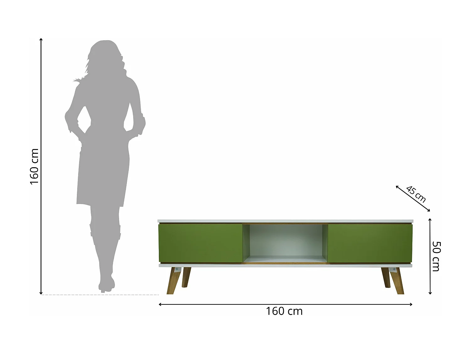 Meuble TV vert JORGEN sur pieds en chêne avec deux tiroirs
