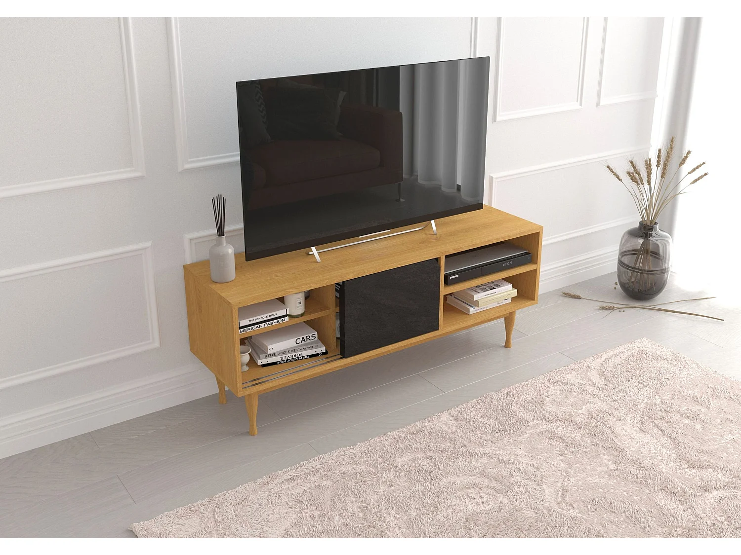 Meuble TV ELZA BLACK sur pieds en chêne - 135 cm