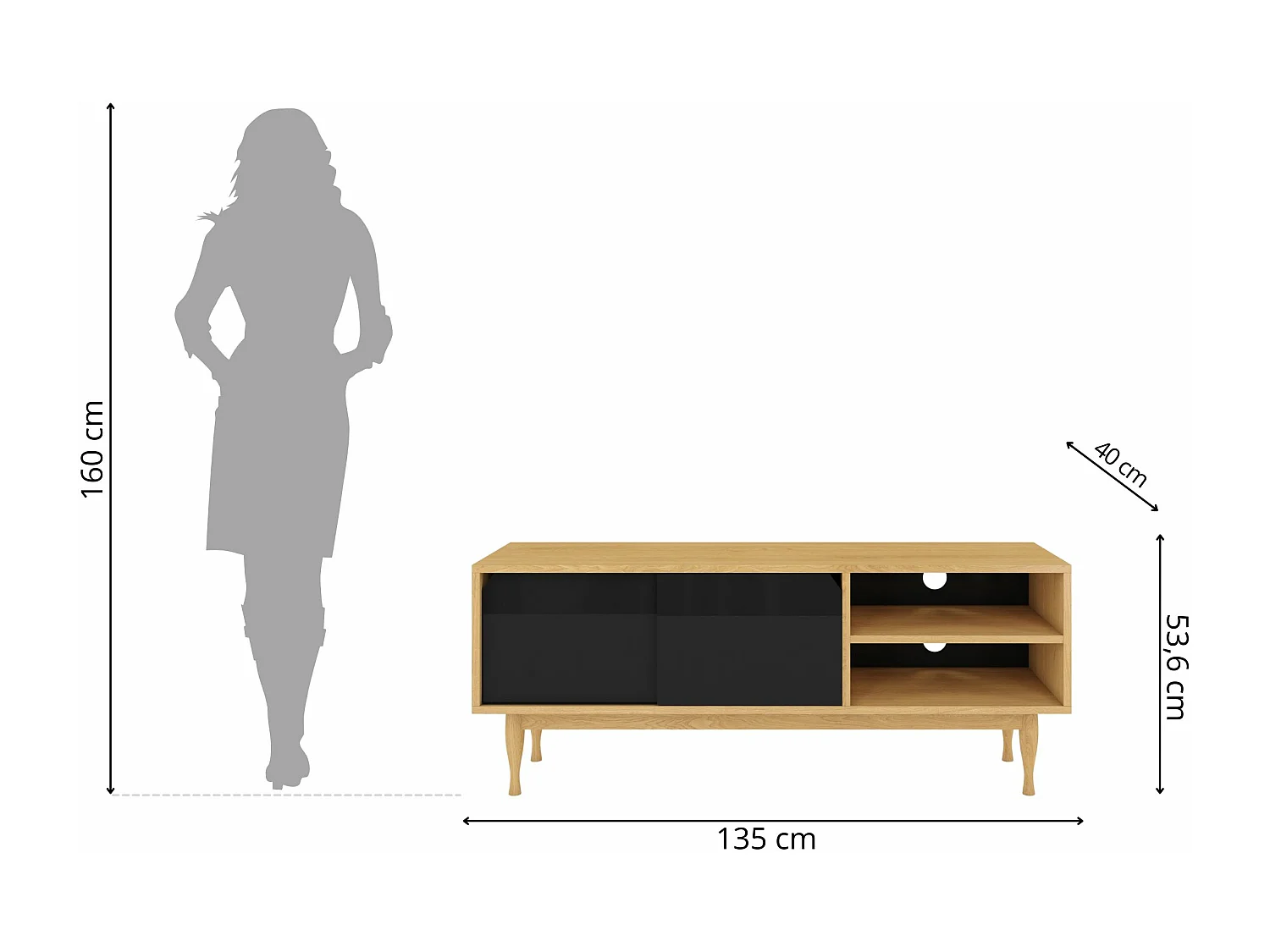 Meuble TV ELZA BLACK sur pieds en chêne - 135 cm