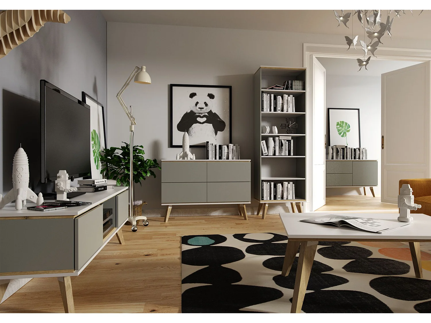 Commode TV grise JORGEN / largeur 160 cm