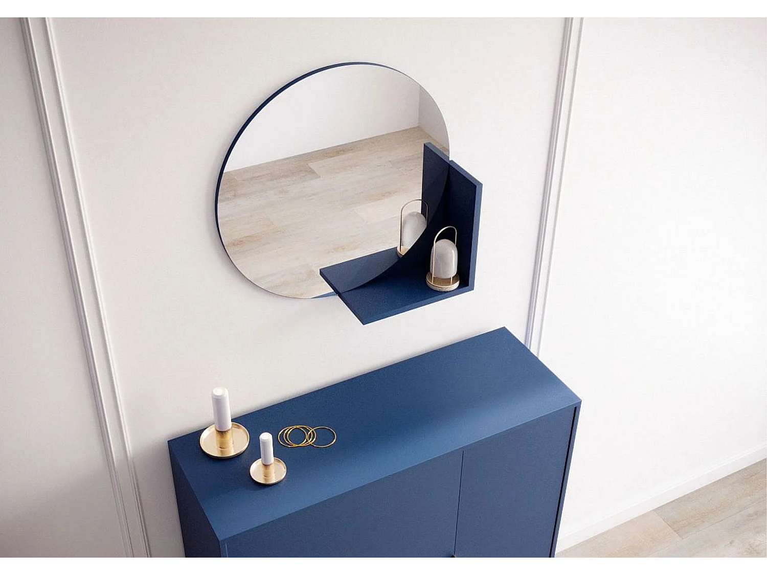 Miroir rond bleu marine avec étagère LUCIJA / diamètre 60 cm
