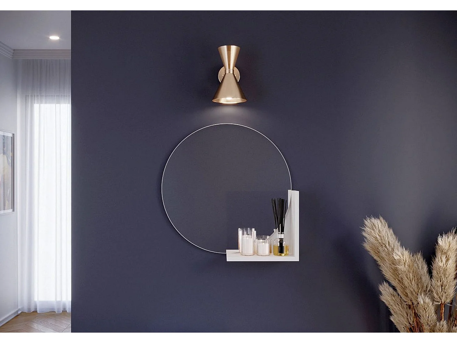Miroir rond blanc avec étagère LUCIJA / diamètre 60 cm