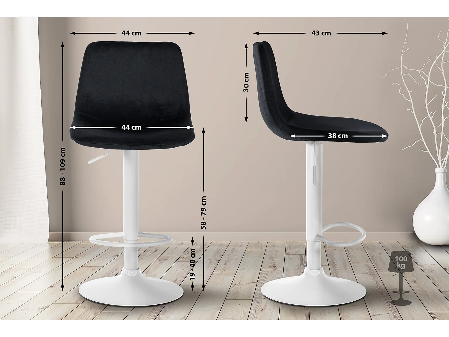 Lot de 2  Tabouret de bar - Velours & Métal blanc mat - Noir - Divo