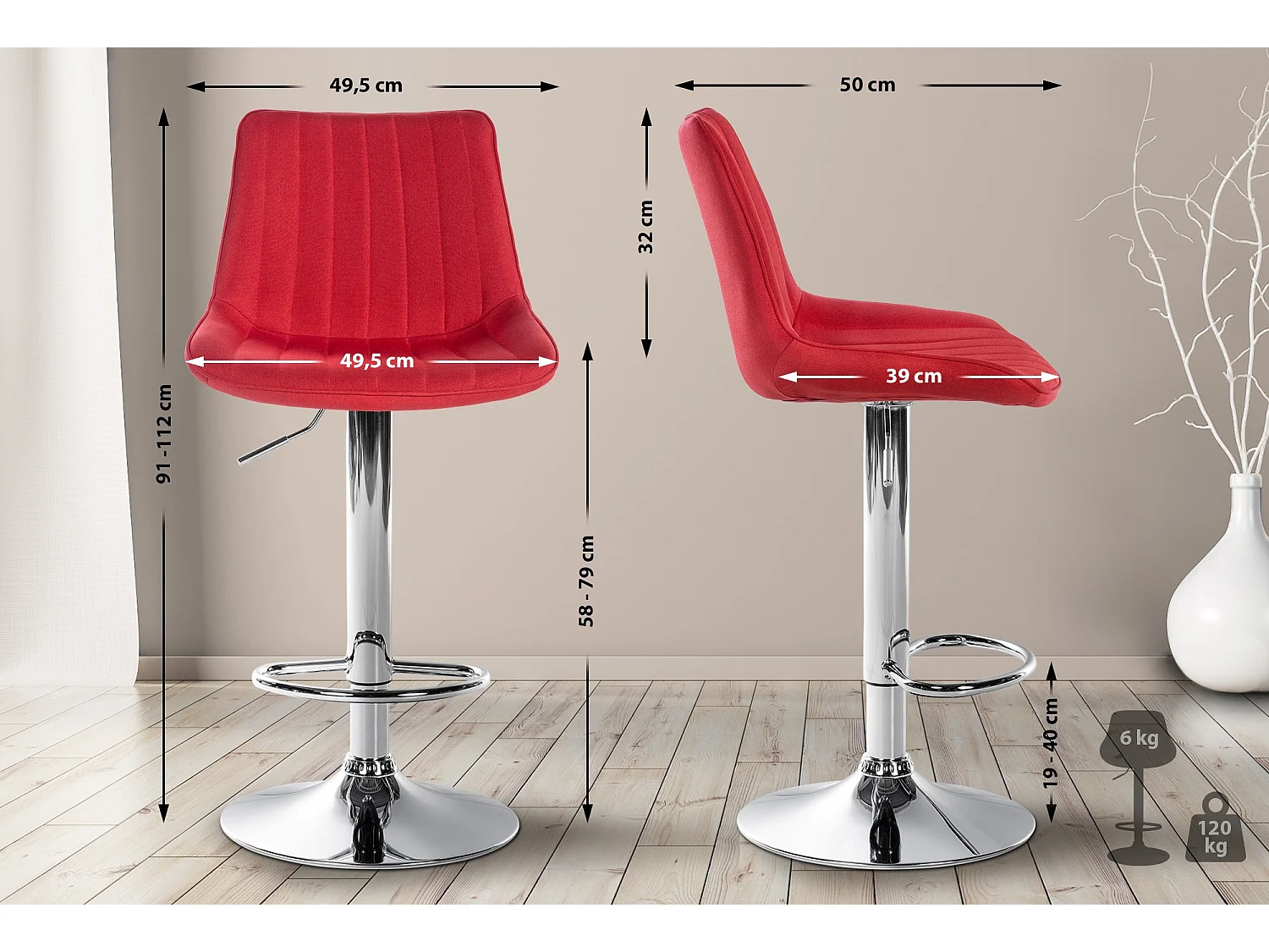 Tabouret de bar - Tissu & Chrome - Rouge - Toni