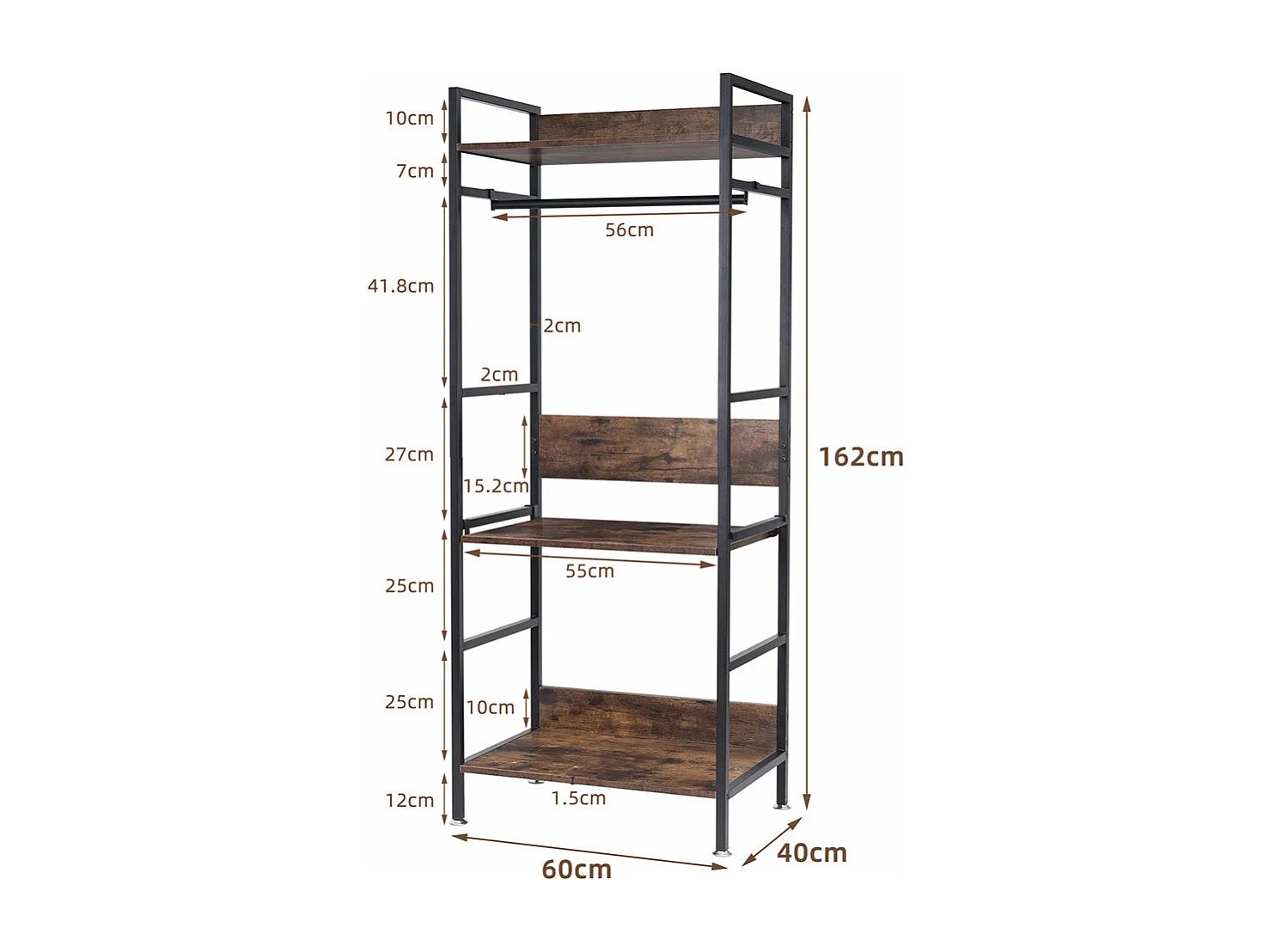 Kleiderständer - Offener Kleiderschrank aus Metall und Holz, abnehmbarer Kleiderständer - 162 x 60 x 40 cm