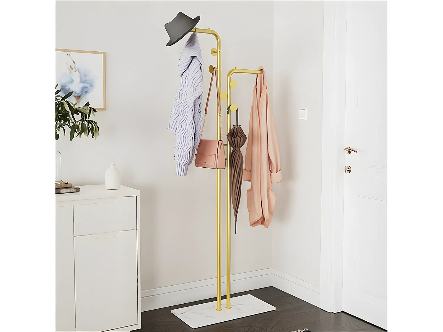 Porte Manteau sur Pieds d’entrée Portant Vêtement Portemanteaux en Pierre Fritté Blanc -H176cm