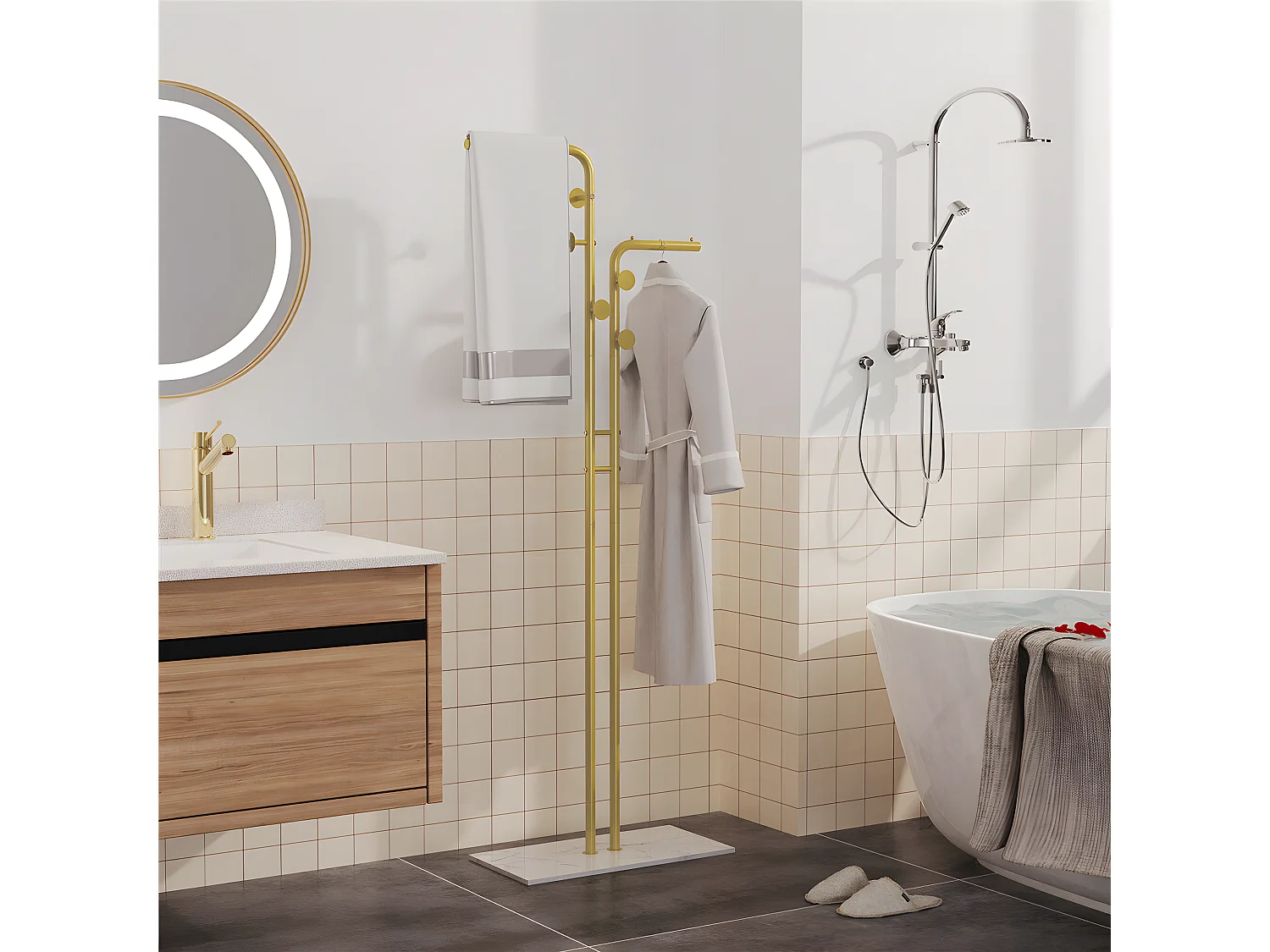 Porte Manteau sur Pieds d’entrée Portant Vêtement Portemanteaux en Pierre Fritté Blanc -H176cm