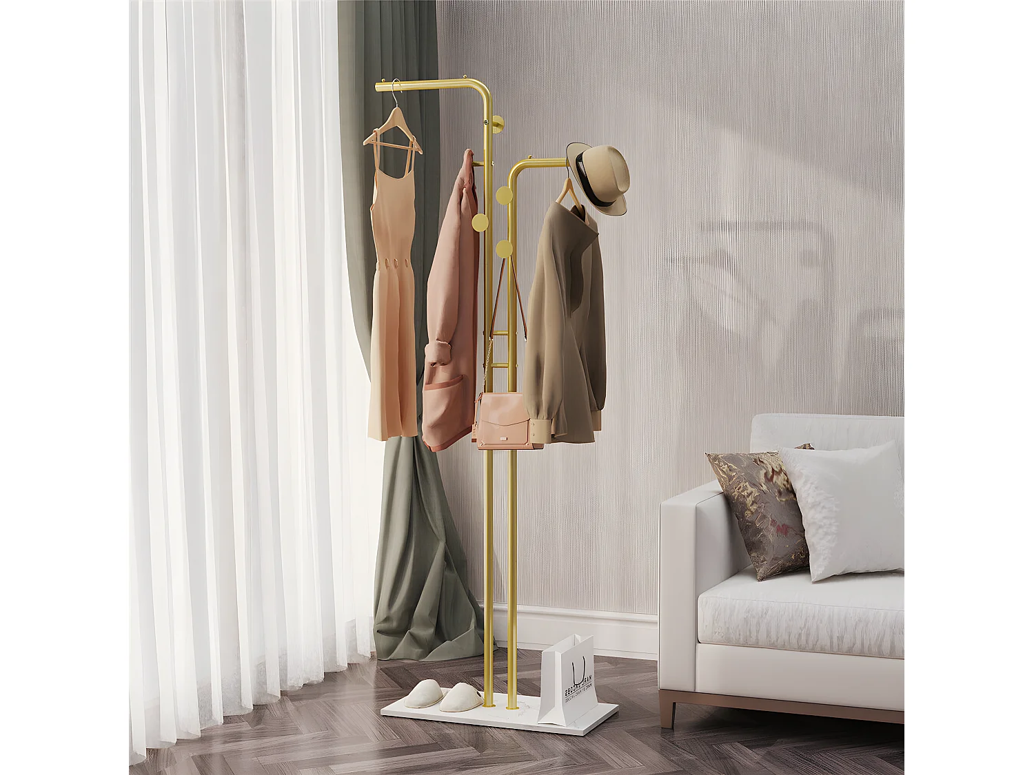 Porte Manteau sur Pieds d’entrée Portant Vêtement Portemanteaux en Pierre Fritté Blanc -H176cm