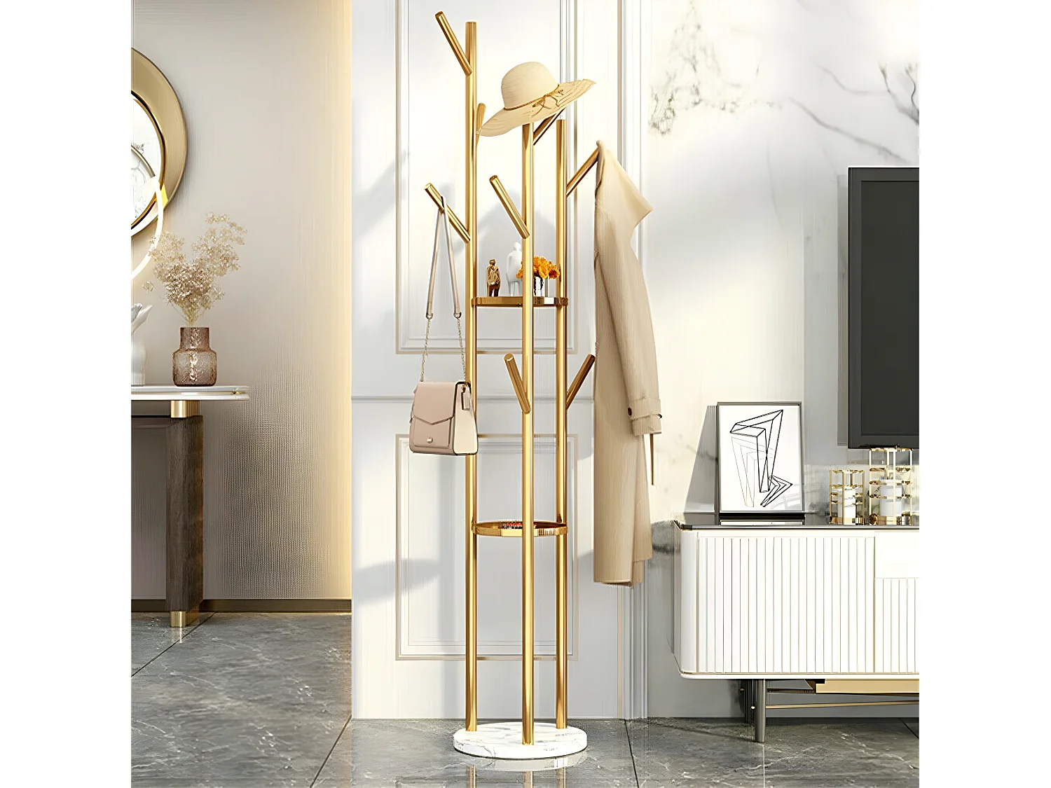 Porte Manteau - Portant à vêtement solide en métal et marbre H172.5x32x32cm