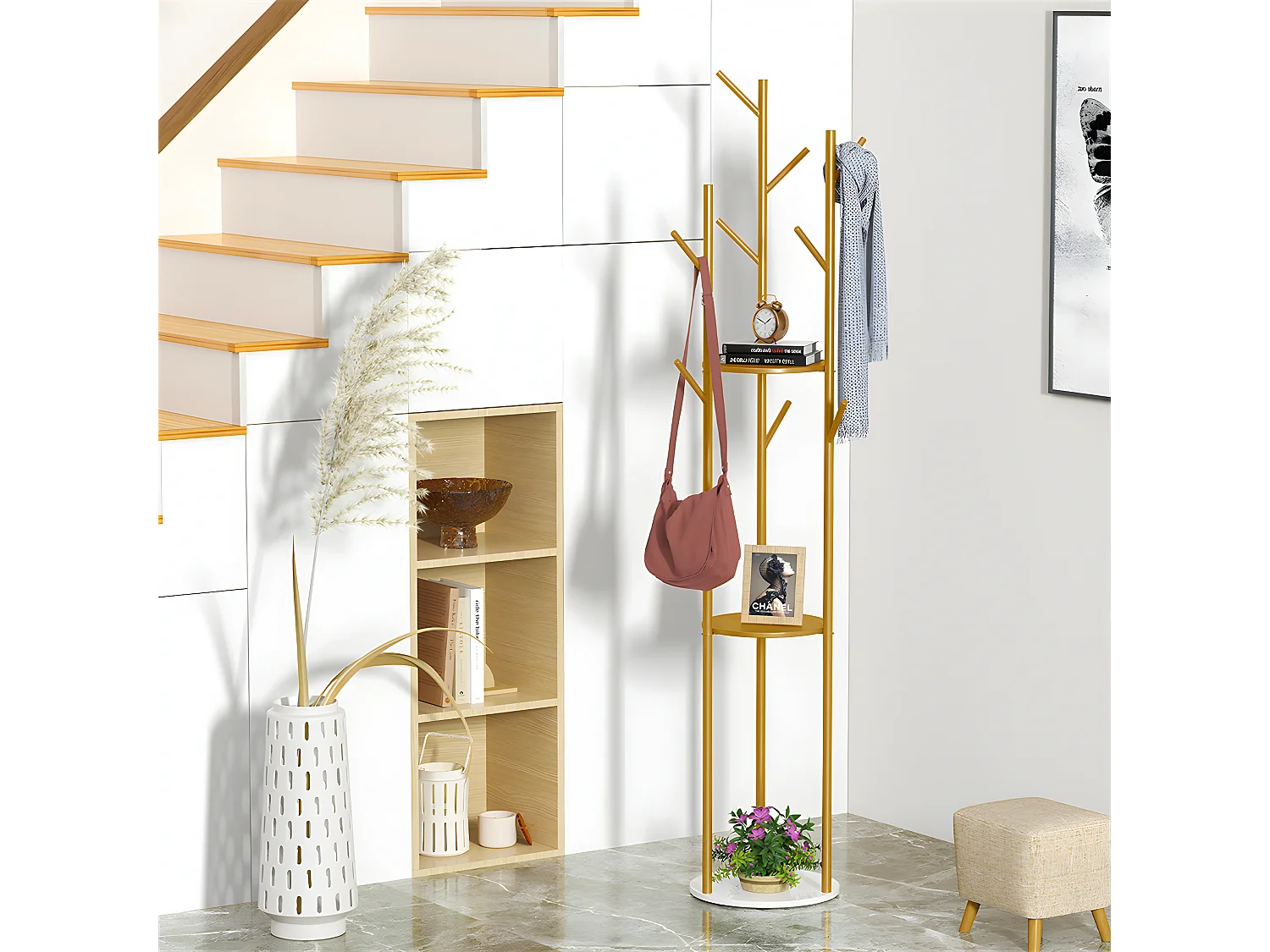 Porte Manteau - Portant à vêtement solide en métal et marbre H172.5x32x32cm