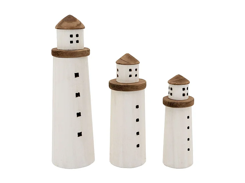 Phares en bois naturel et blanc (lot de 3)