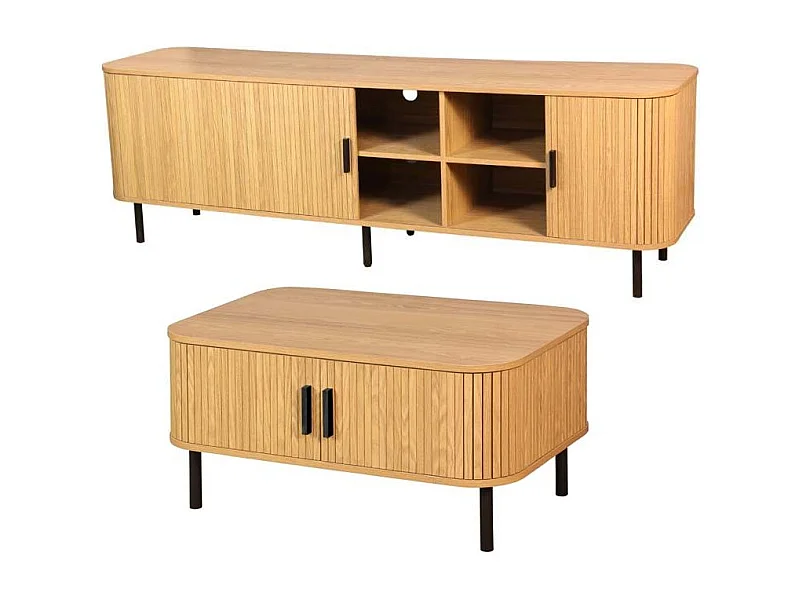 Ensemble table basse et meuble TV en bois et métal Kyoto