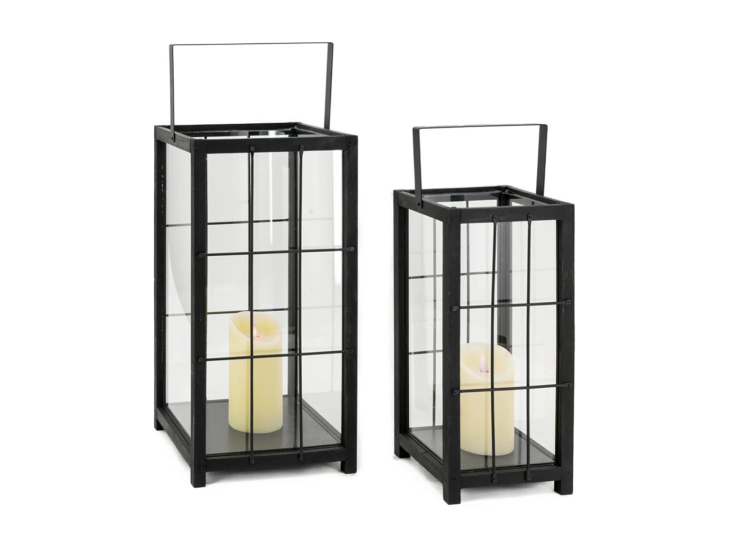 Lanterne en pin et métal noires (Lot de 2)