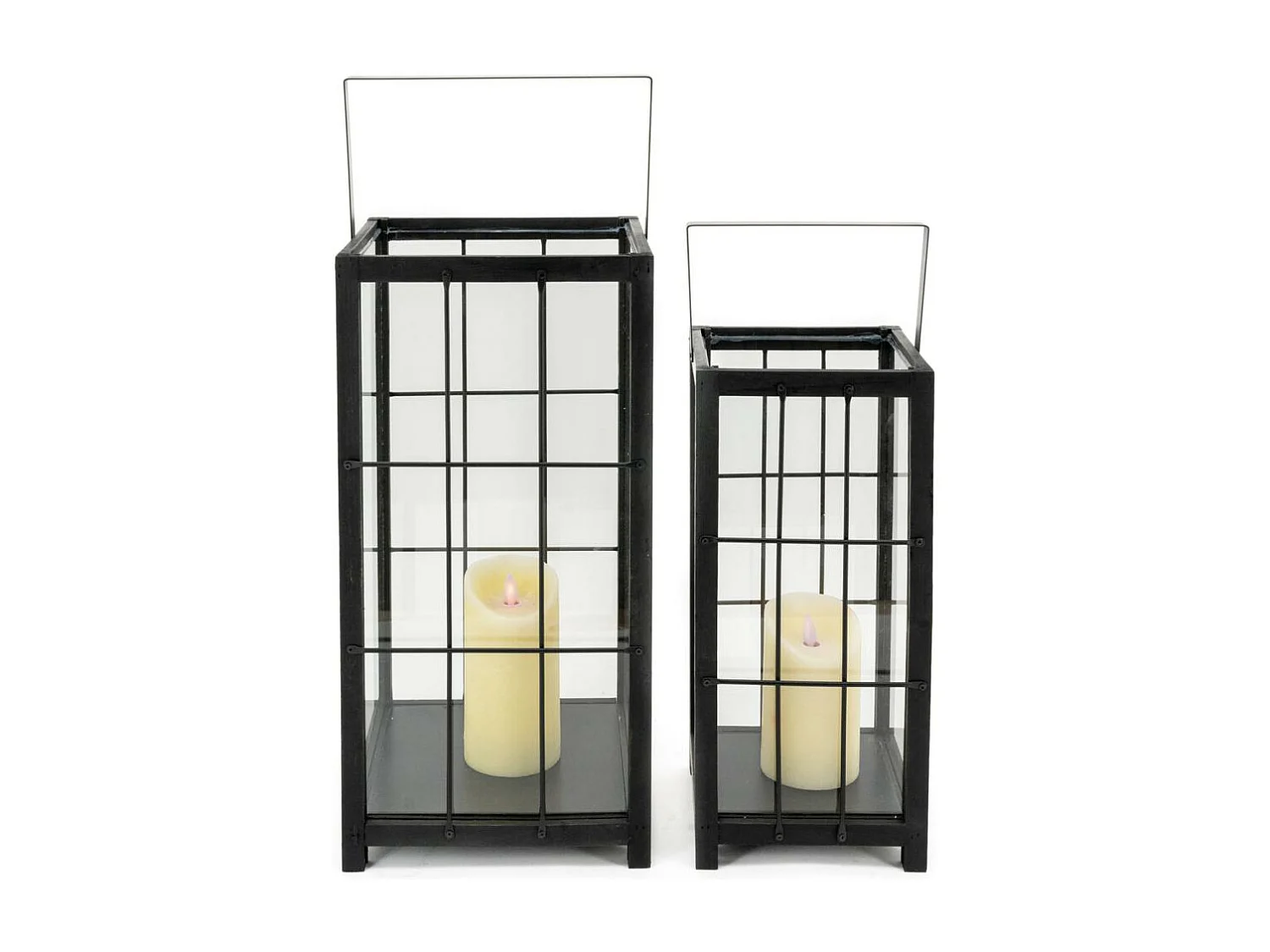 Lanterne en pin et métal noires (Lot de 2)