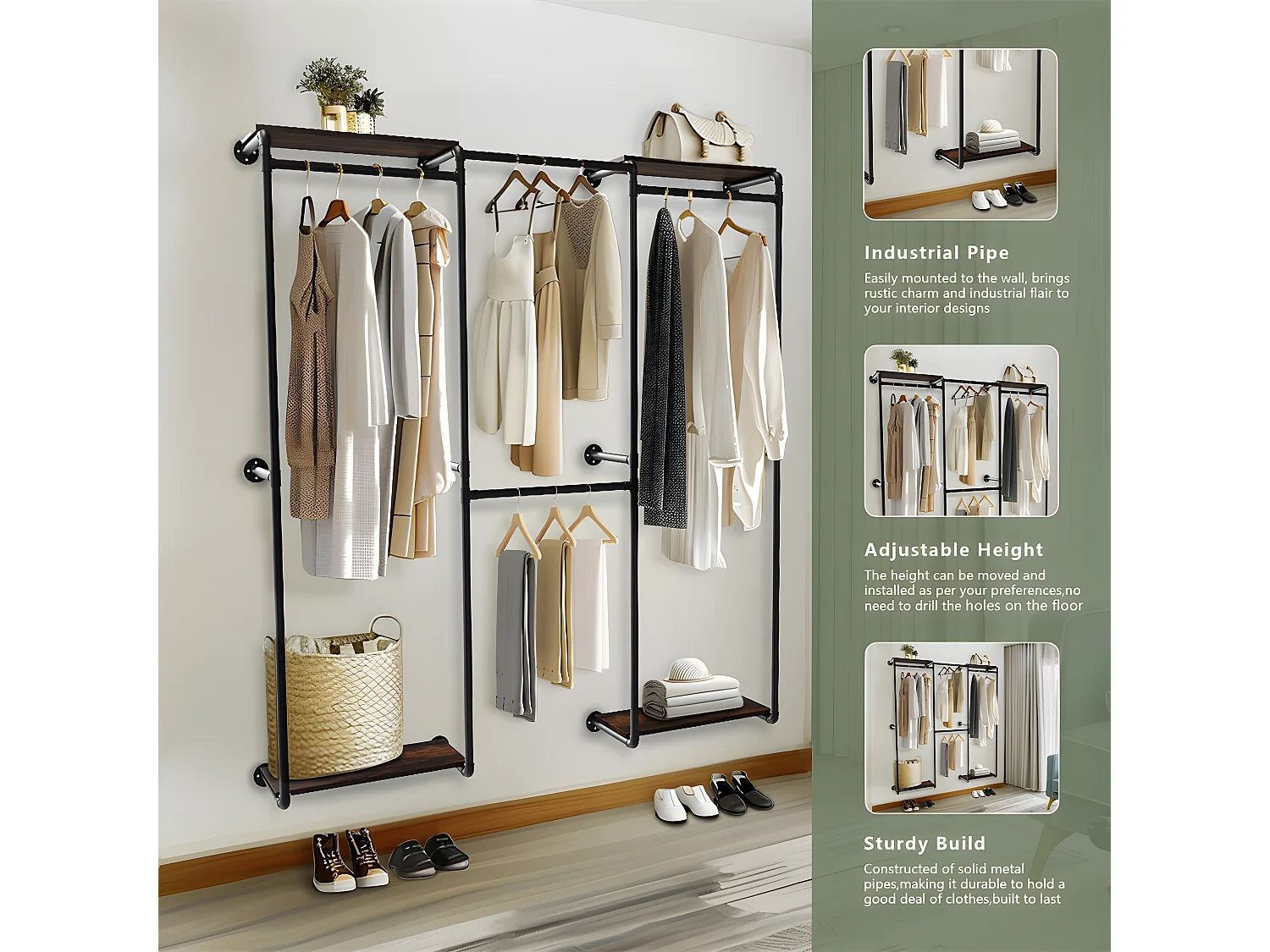 Garde-Robe - Penderie mural - Portant vêtement - Porte manteau noir