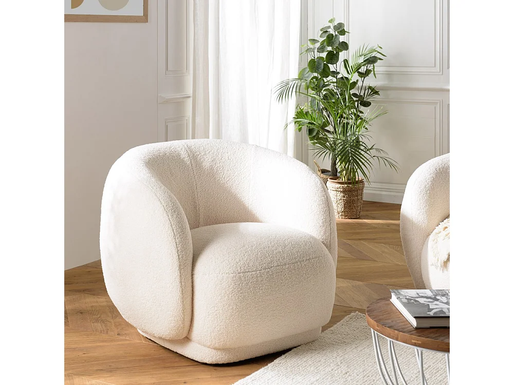 LEOPOLD - Fauteuil arrondi en tissu bouclette blanc