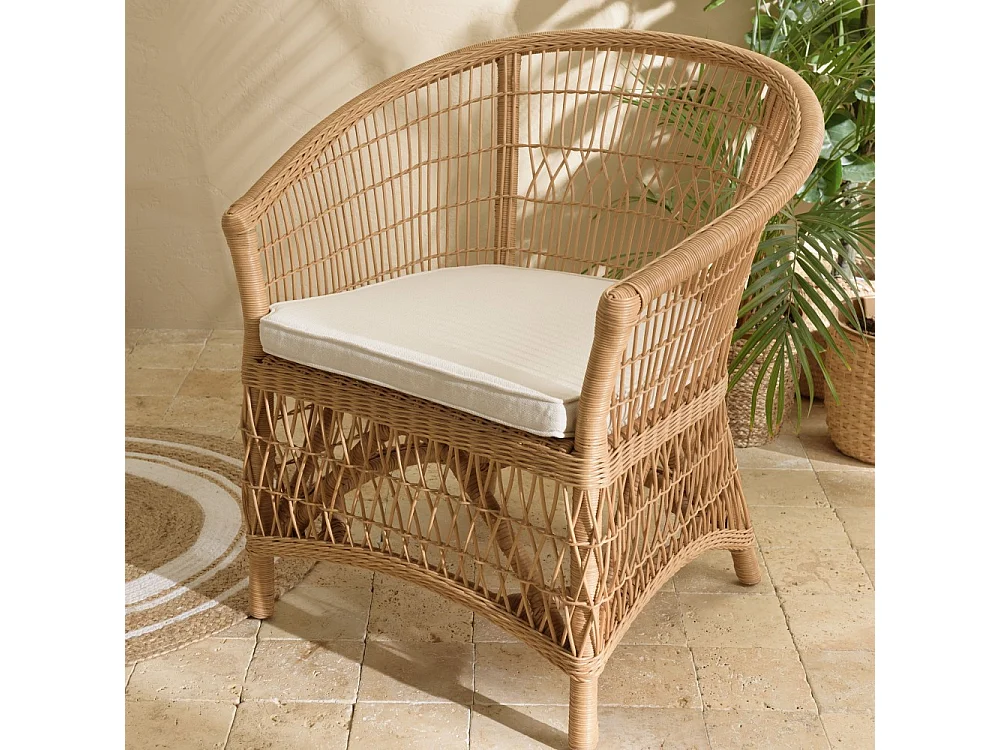 KALLY - Fauteuil en rotin naturel avec coussin d'assise blanc