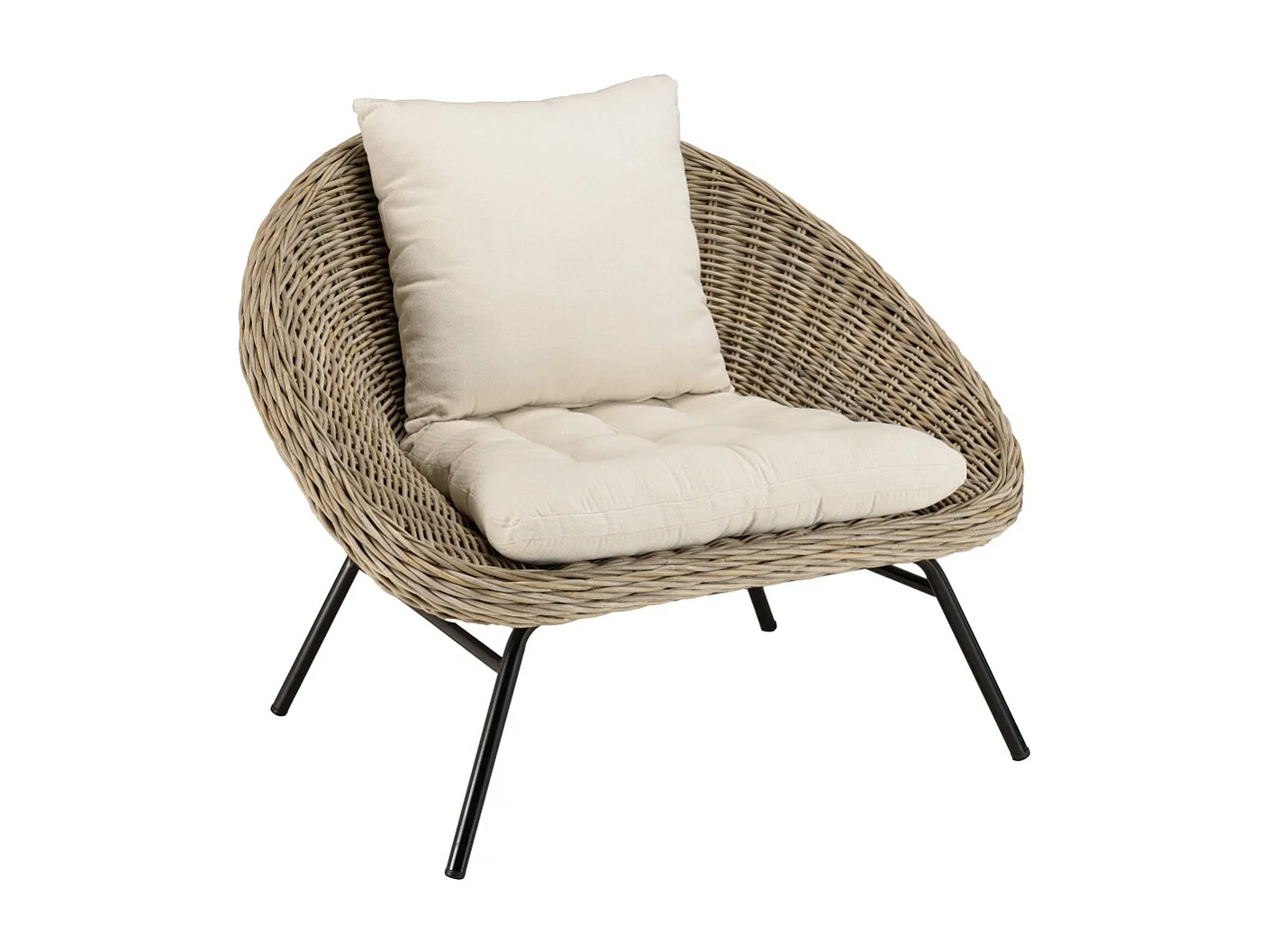 KALLY - Fauteuil en bois de rotin coussin d'assise blanc pieds noir