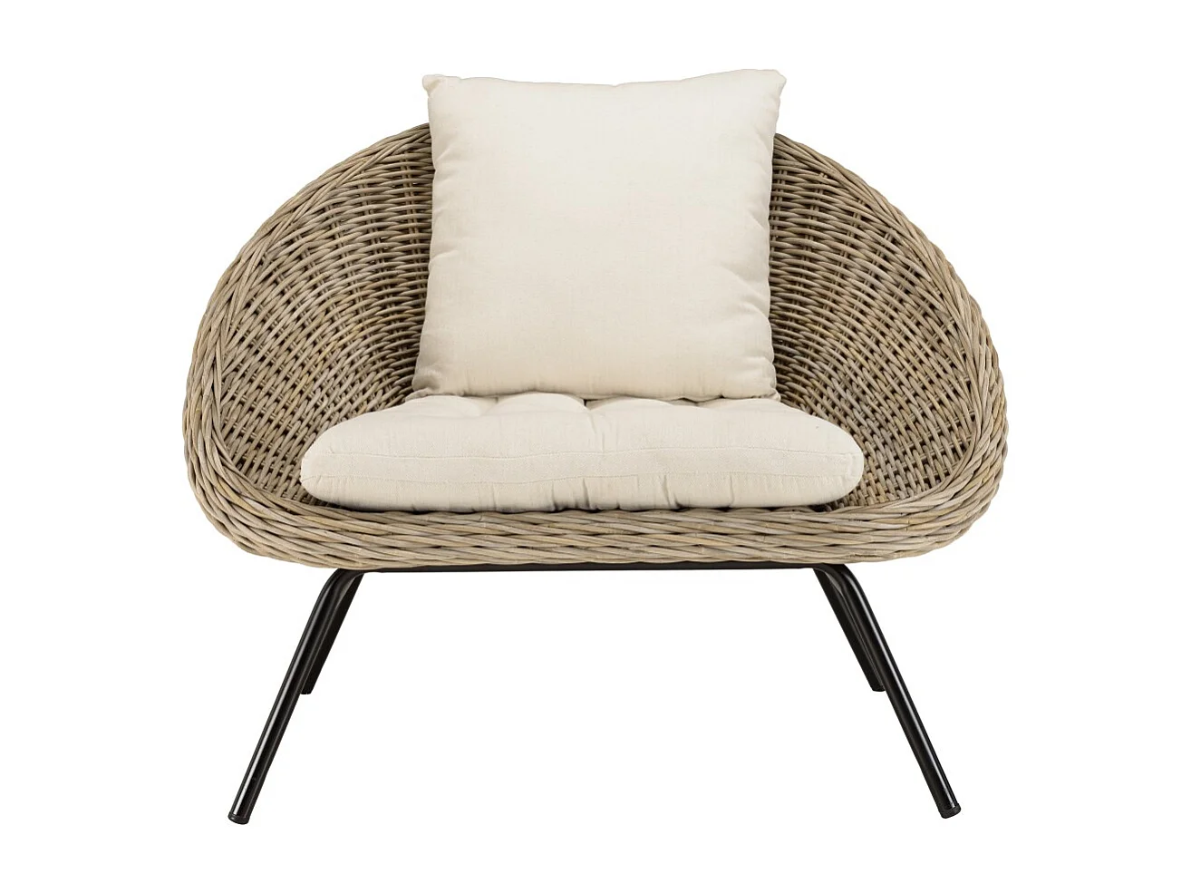 KALLY - Fauteuil en bois de rotin coussin d'assise blanc pieds noir