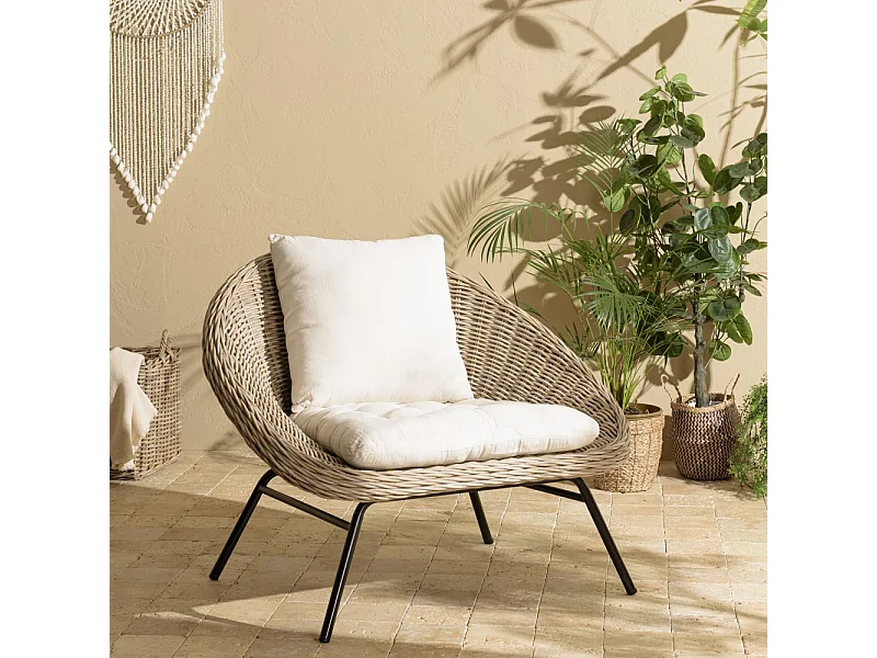 KALLY - Fauteuil en bois de rotin coussin d'assise blanc pieds noir