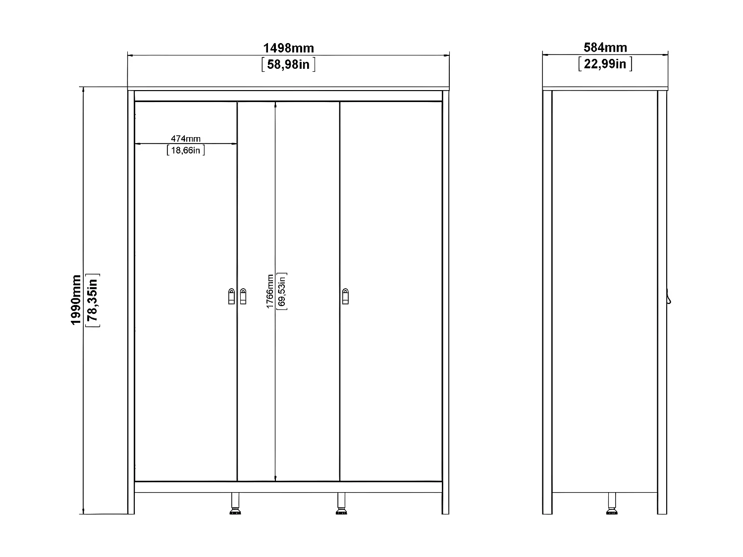 Madrid Kleiderschrank 3 Türen schwarz matt.