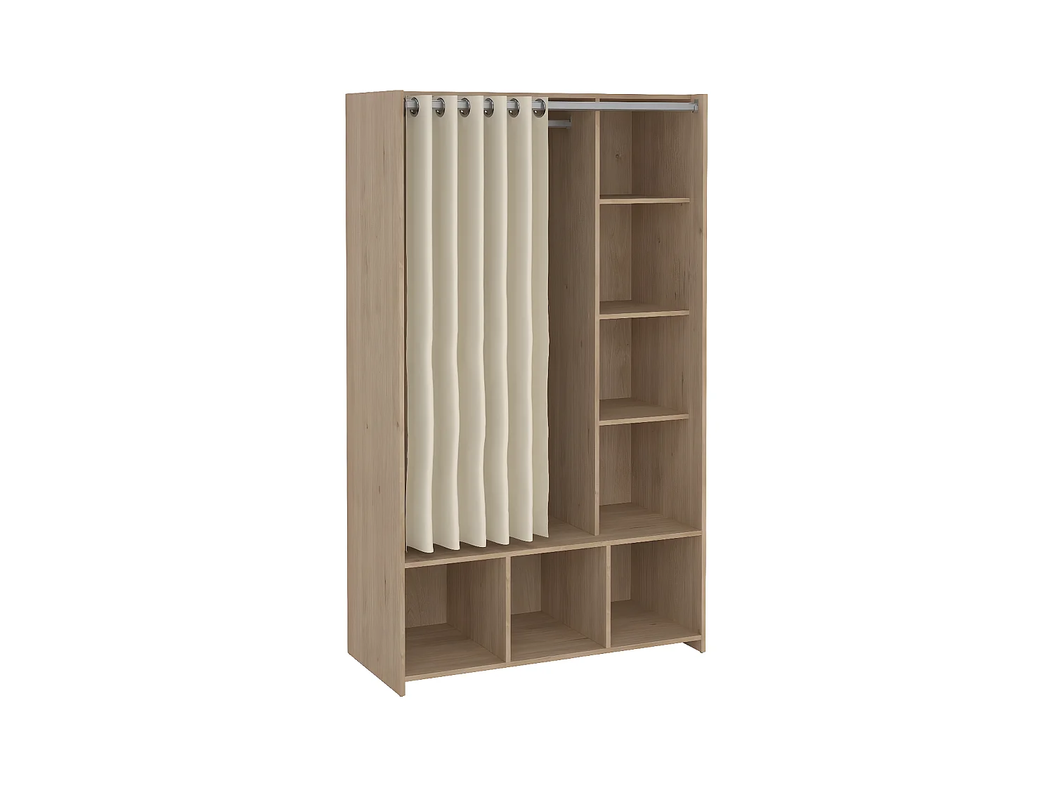 Kit armoire de rangement avec rideau noyer décor beige.