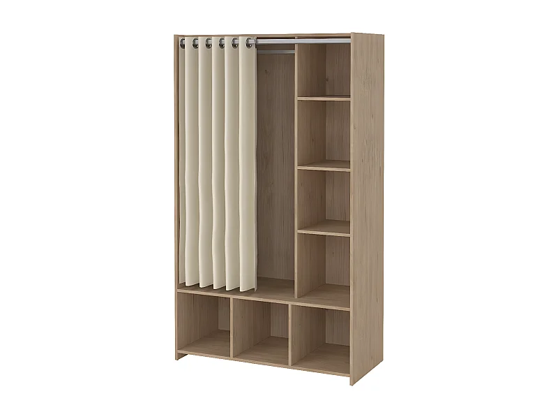 Kit armoire de rangement avec rideau noyer décor beige.