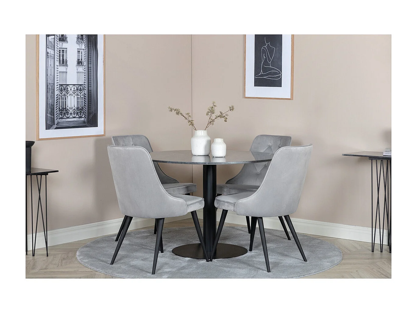 Table à Manger en Marbre "Estelle" 106cm Gris Foncé & Noir