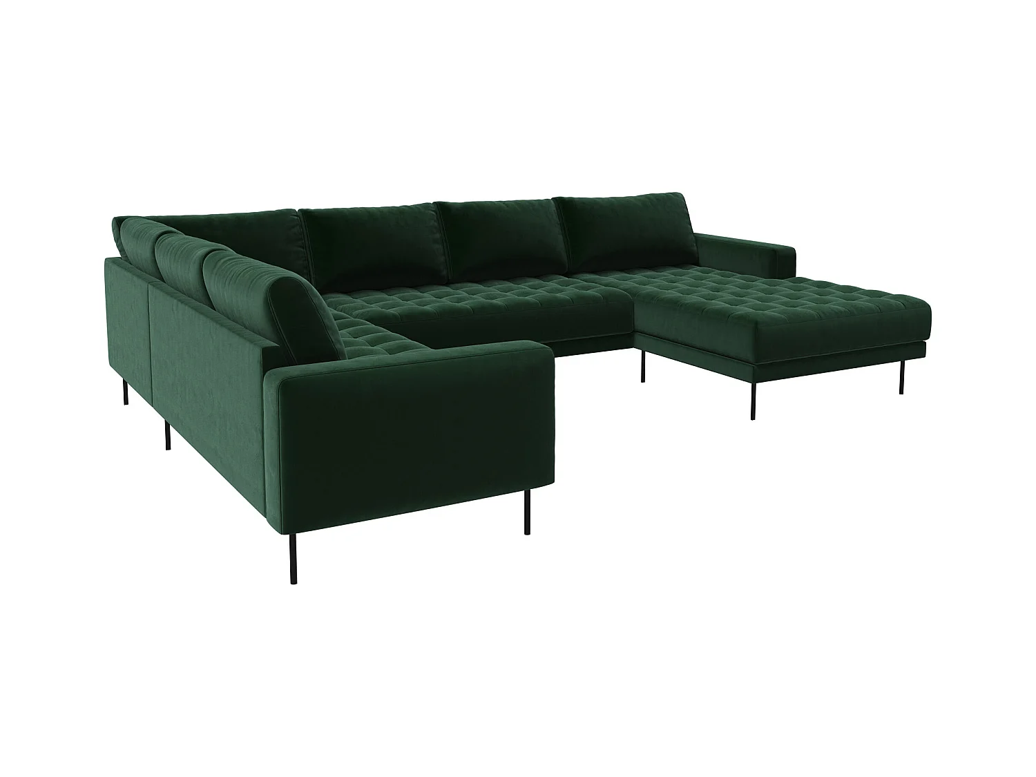 Rouge Ecksofa mit Chaiselongue und schwarzen Beinen. Dunkelgrün//Rechtsgewendet