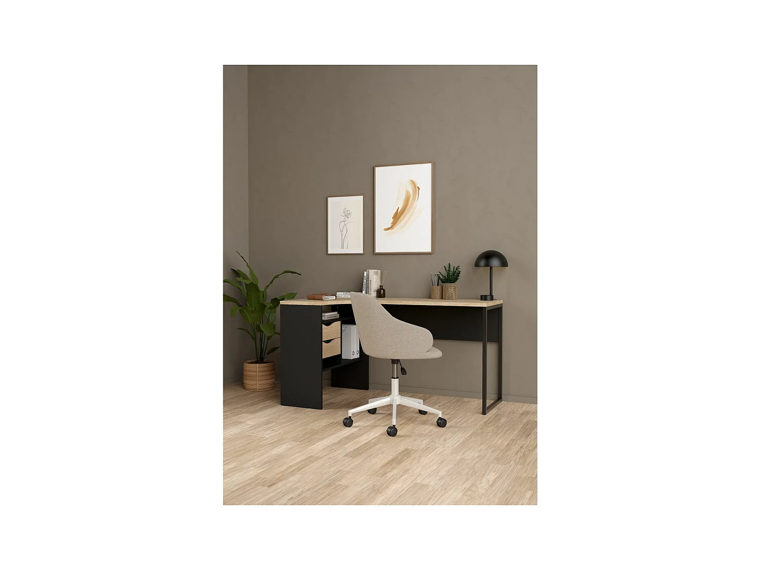 FunctionPlus bureau hoek 3 planken 2 laden okkernoot decor zwart mat.