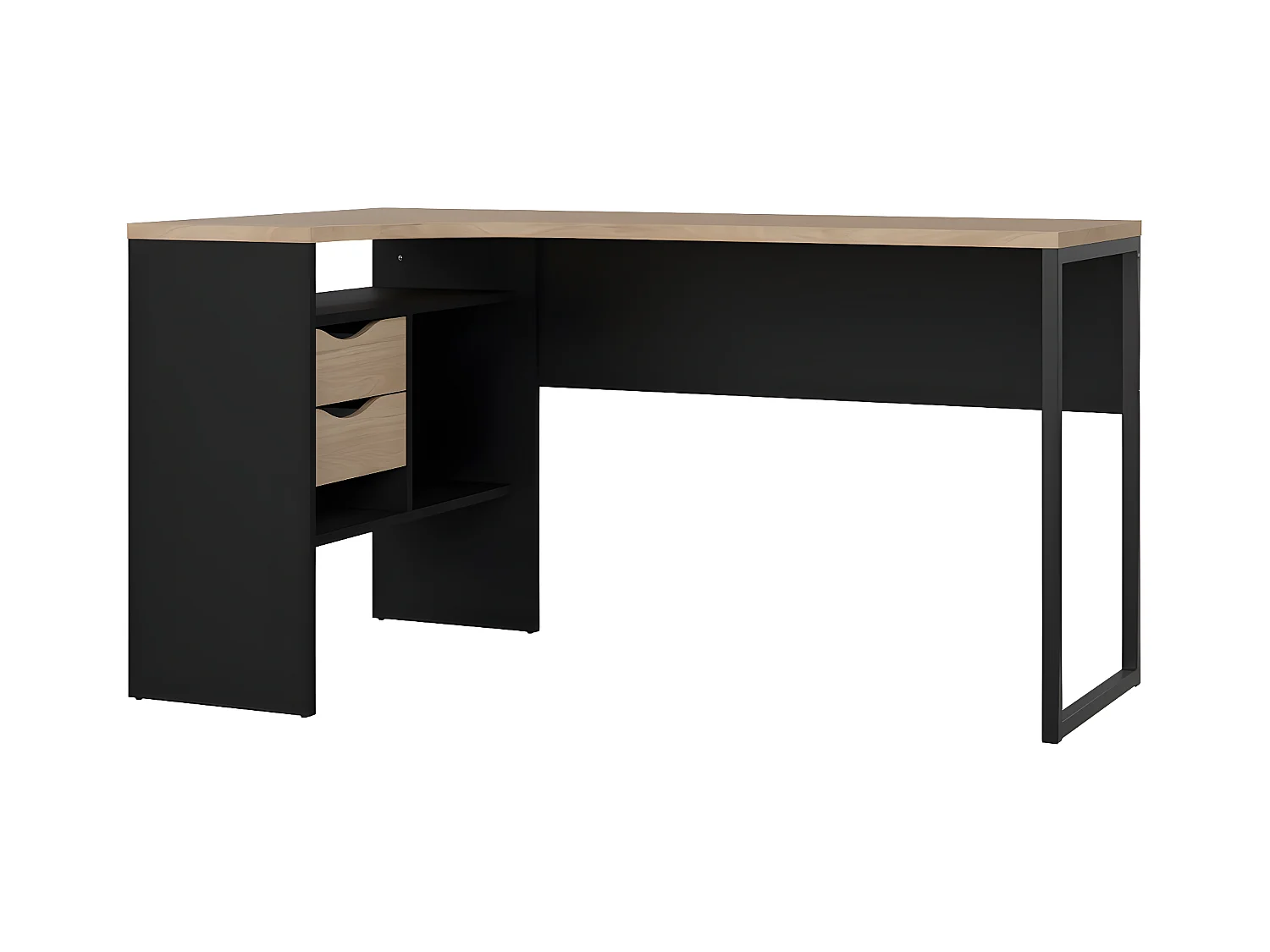 FunctionPlus bureau hoek 3 planken 2 laden okkernoot decor zwart mat.