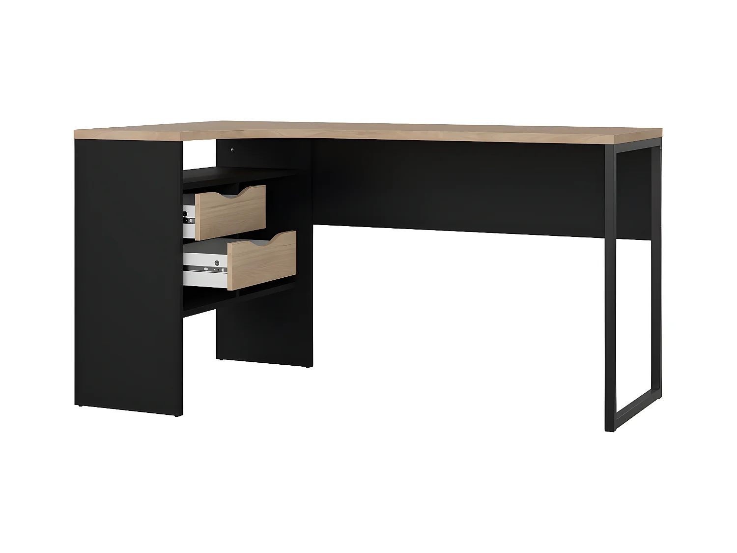 FunctionPlus bureau hoek 3 planken 2 laden okkernoot decor zwart mat.