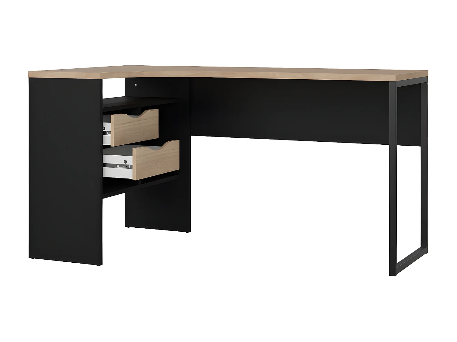 FunctionPlus bureau hoek 3 planken 2 laden okkernoot decor zwart mat.