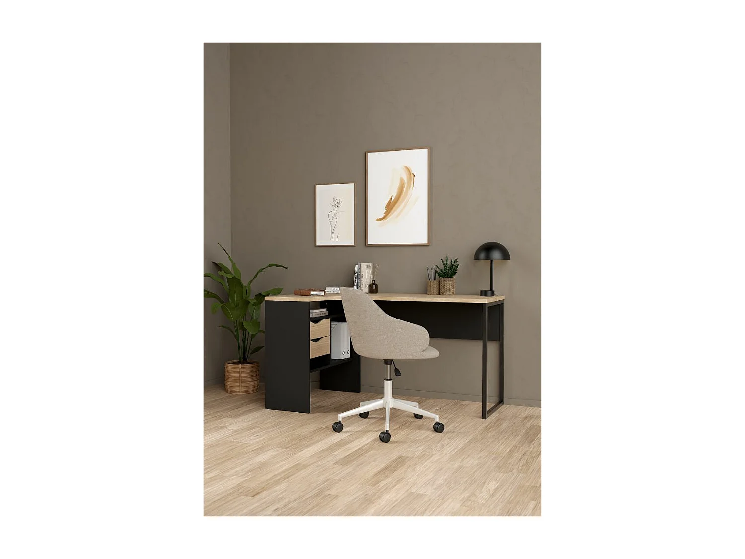 FunctionPlus bureau hoek 3 planken 2 laden okkernoot decor zwart mat.