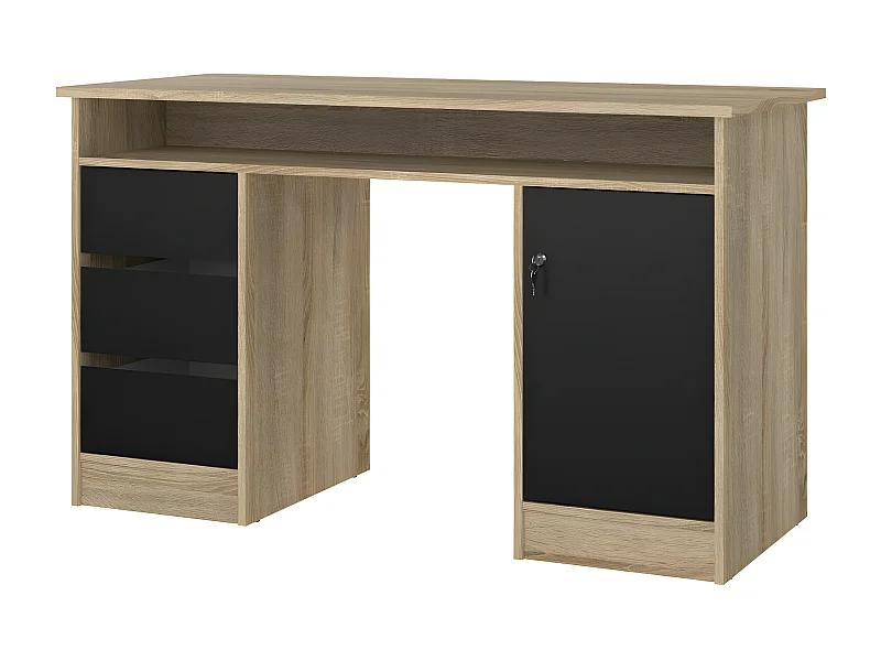 FunctionPlus bureau avec serrure 1 porte 3 tiroirs chêne décor noir.