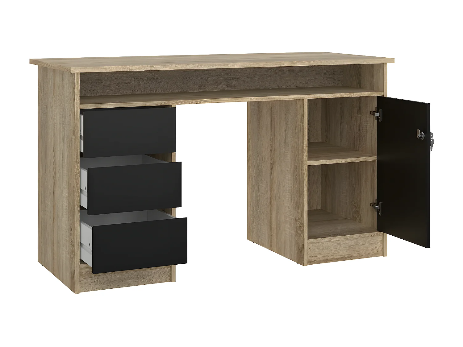 FunctionPlus Schreibtisch mit Schloss 1 Tür 3 Schubladen Eiche dekor schwarz.