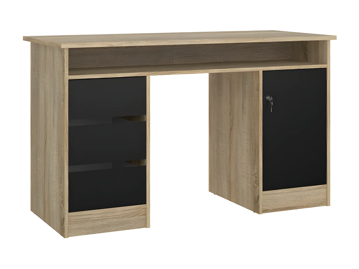 FunctionPlus Schreibtisch mit Schloss 1 Tür 3 Schubladen Eiche dekor schwarz.